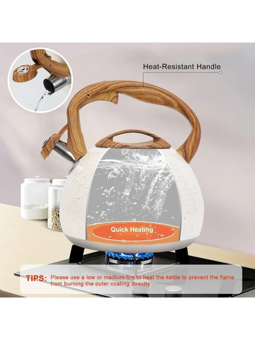 White Kitchen Whistling Tea Kettle 100 OZ / 3 L Stainless Steel Stovetop Teapot